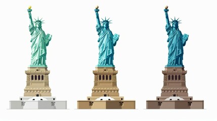 Three different color variations and lighting settings of the Statue of Liberty, symbolizing freedom and hope, presented side by side for comparative visual effect.