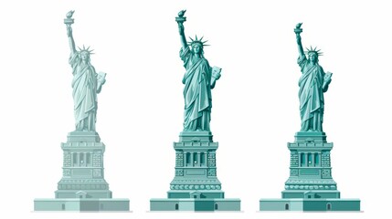 Three slightly varying artistic styles of the Statue of Liberty, each iteration displaying subtle shifts in design and color, highlighting freedom and unity.