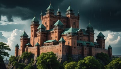 Naklejka premium Majestic Castle on a Cliffside under a Stormy Sky.