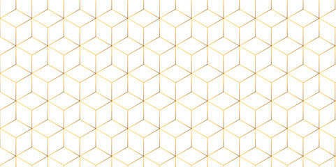 Fototapeta premium Abstract hexagonal futuristic geometric backdrop White background and embossed hexagon , honeycomb gold cube hexagon concept design abstract technology background vector background, or wallpaper.
