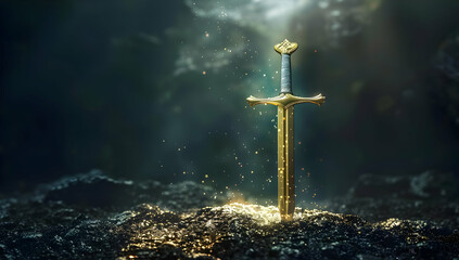 Naklejka premium A mystical sword glowing with golden light, embedded in the ground, surrounded by sparkles in a dark, mysterious setting.