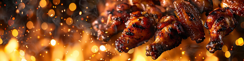 Close-up of sizzling grilled meat with flames in the background, capturing the essence of barbecue and mouth-watering cuisine.