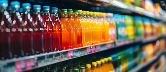 Colorful plastic bottles filled with various beverages on a supermarket shelf. Perfect backdrop for marketing, retail, or packaging concepts.