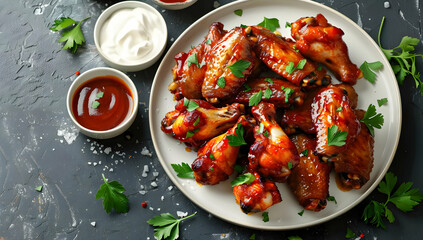 Delicious grilled chicken wings on a rustic plate garnished with parsley, served with dipping sauces for a perfect meal.