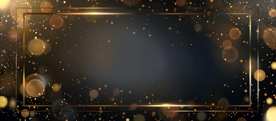 Elegant dark background with golden bokeh and frame, perfect for luxury designs, invitations, or festive events.