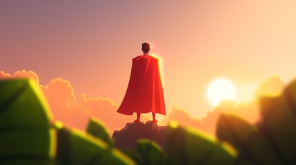 Silhouetted figure with red cape stands on rock cliff at sunset.