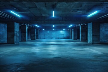 Fototapeta premium Empty Underground Parking Garage with Blue Neon Lights