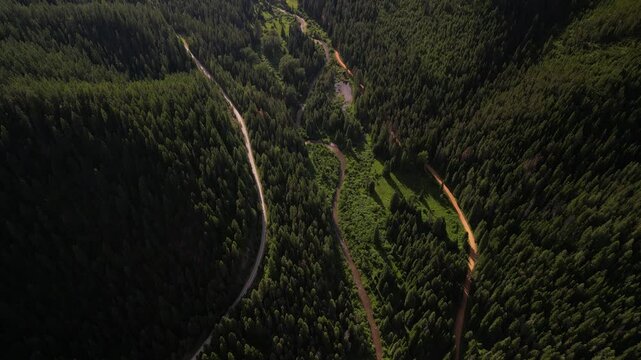 Aerial above Route of the Hiawatha biking path in Idaho mountains