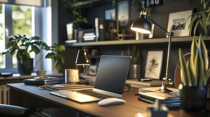 Closeup of a stylish home office setup, realistic skin tones, deep depth of field, 8k resolution, focus covering all objects, stunning photography