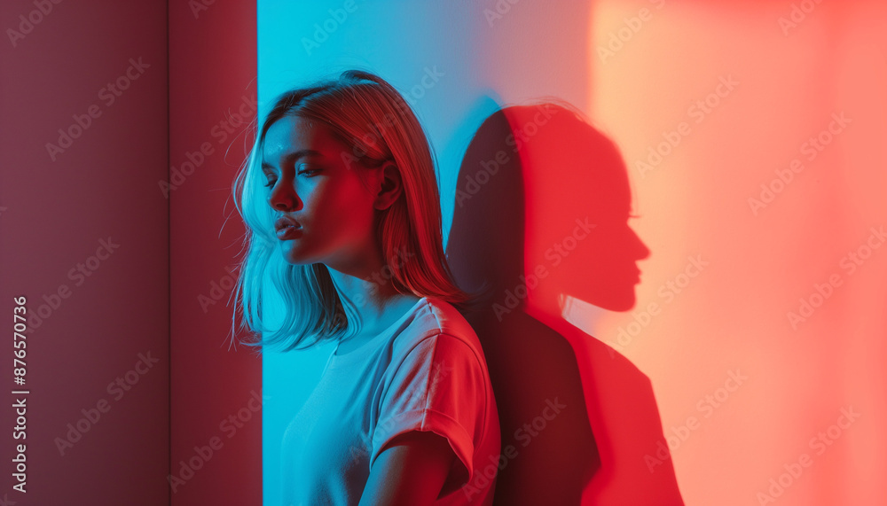 Wall mural Woman with red and blue light casting shadows, modern and expressive portrait perfect for artistic and creative projects, dramatic and striking visual contrast