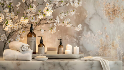 Luxurious bathroom spa setup with candles, towels, and toiletries on a marble surface against a backdrop of cherry blossoms.