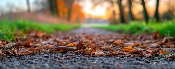 Obraz premium Autumn Leaves on a Path, Nature Photography A Serene Forest Trail, Framed by Fall Foliage, Beautiful Golden Hues, Peaceful and Dynamic
