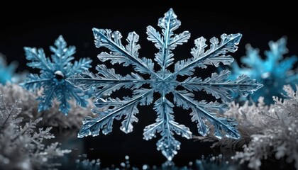 Macro Photography of a Snowflake on Black Background.