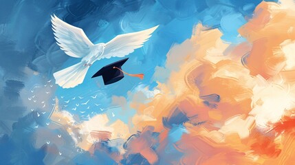 A whimsical illustration of a graduation cap sprouting wings and soaring through the sky, symbolizing the graduate's newfound freedom and possibilities.