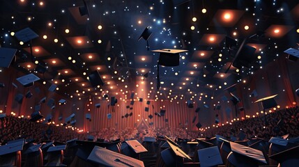 A photorealistic illustration of a graduation ceremony at night, with the graduates' caps illuminated by the warm glow of stage lights.
