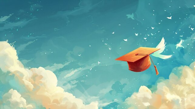 A whimsical illustration of a graduation cap sprouting wings and soaring through the sky, symbolizing the graduate's newfound freedom and possibilities.