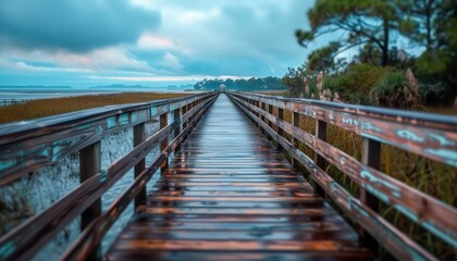 Fototapeta premium Serene Coastal Boardwalk Photography Framed Photos of Natural Beauty and Tranquil Waterscapes, Perfect for Home Decor, Wall Art, and Nature Lovers