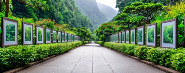 Scenic Path Adorned with Framed Pictures, Colorful Graphics, Nature Photography, Gallery Walk, Outdoor Art Display, Green Landscape, Artistic Pathway, Framed Art, Garden Gallery, Nature Inspired Art,