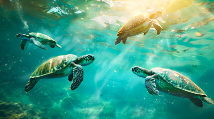 Fototapeta premium A breathtaking scene of a group of green sea turtles swimming gracefully through the clear turquoise waters of a tropical ocean environment These fascinating reptiles glide effortlessly