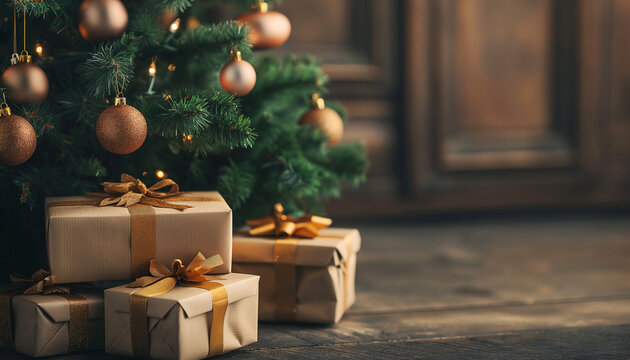 Beautifully wrapped presents with gold ribbons under a Christmas tree with gold ornaments, rustic wooden background, elegant holiday decor for festive occasions