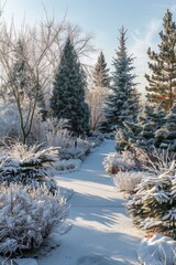 A snow-covered path in a park with trees and bushes