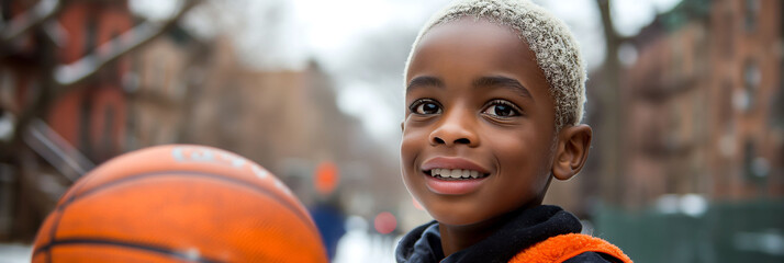 African-American boy dyed blond with a basketball in his hands, looking at the camera. 