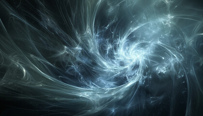 An abstract depiction of swirling blue and white lights, creating a sense of motion and energy in a cosmic setting