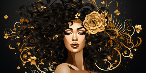 Elegant Black Gold Woman Hair Floral Design Luxury Beauty
