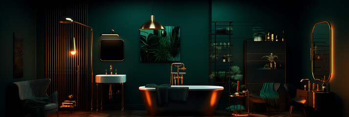 Dark teal, gold luxury bathroom  opulent, mysterious ambiance  relaxation, spa concept

