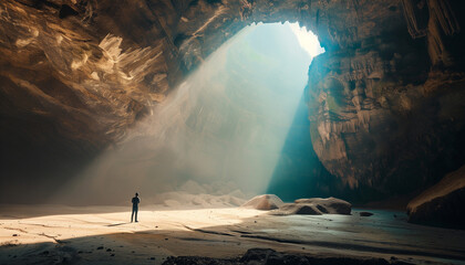 A lone figure stands in a vast cave with a beam of light shining down from an opening above