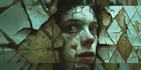 A person with cracked face and distressed expression.