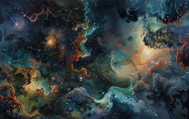 Vast cosmic nebulae, swirling colors, and scattered stars.
