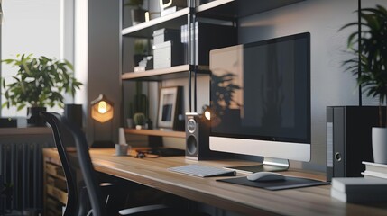 Modern home office setup with desktop computer, speakers, plants, and organized shelves, creating a cozy and productive workspace.