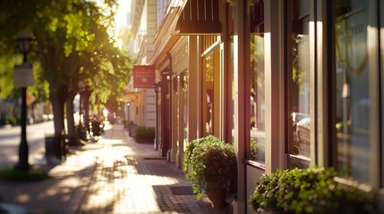 Obraz premium Charming downtown street view with sunlight illuminating storefronts and green shrubs, creating a peaceful and inviting atmosphere.