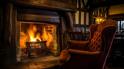 Cozy red armchair by a roaring fireplace in a rustic setting, evoking warmth and comfort for winter holidays. 
