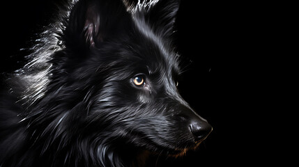 Black dog, intense gaze, profile view, dark background.
