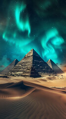 Mystical Pyramids under a vibrant green Aurora Borealis, a surreal and awe-inspiring desert landscape. 