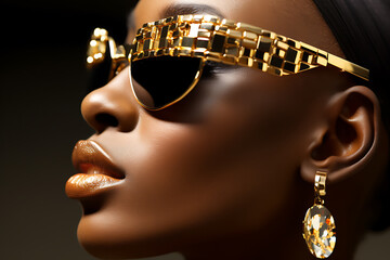 Glamourous woman with gold sunglasses and earrings,  black, gold, and brown,  fashion and beauty,  a luxurious and confident look. 
