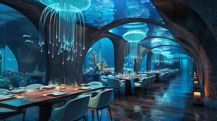 Underwater restaurant with blue, white, and brown colors, showcasing a unique dining experience with a sense of wonder and tranquility. 
