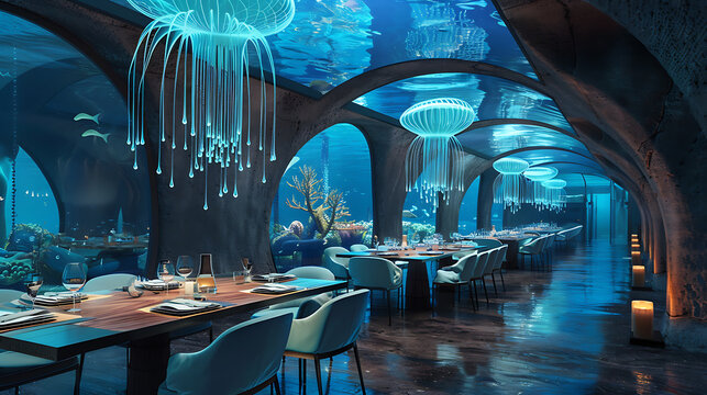 Underwater restaurant with blue, white, and brown colors, showcasing a unique dining experience with a sense of wonder and tranquility. 
