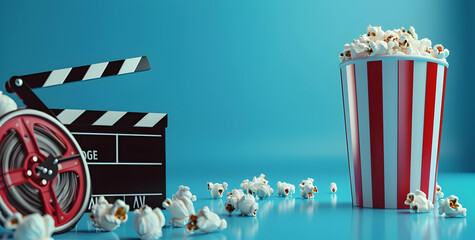 A lively scene with a movie clapperboard and a tub of popcorn on a blue background, depicting a cinema and entertainment theme.