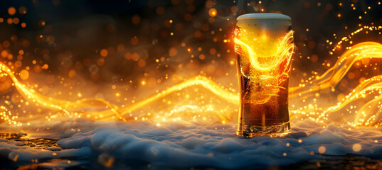 A glass of beer with foam is surrounded by glowing light trails, creating a vibrant and lively atmosphere. Perfect for beverage advertisements.