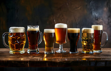 A variety of craft beers in different glasses on a wooden table against a dark background, perfect for a pub or brewery themed image.