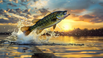 Fototapeta premium A vibrant fish leaps out of the water at sunset, showcasing its beautiful colors against a stunning sky backdrop.
