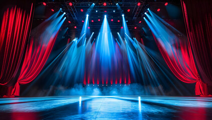 A vibrant stage with red curtains and blue spotlights, ready for a performance. The lighting and ambiance create an electric atmosphere.
