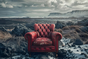 Fototapeta premium A vintage red armchair sits in a desolate rocky landscape under a cloudy sky, creating a striking contrast between comfort and wilderness.