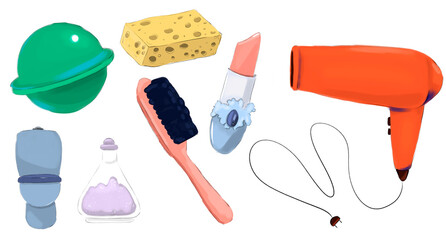 Set with elements for personal care theme design, color raster illustration