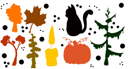 Set with multi-colored elements for the design of autumn themes and holidays, color raster illustration