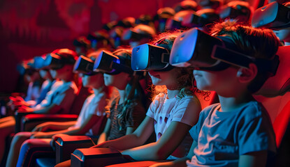 Children immersed in virtual reality wearing VR headsets in a colorful, futuristic environment. Technology and education merge seamlessly.