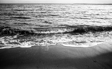 waves at the beach in the French Riviera in winter in black and white